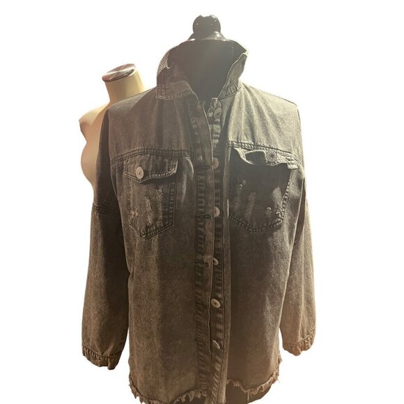 nwt acid washed jean jacket shirt button closure siZE lARGE - Picture 1 of 10